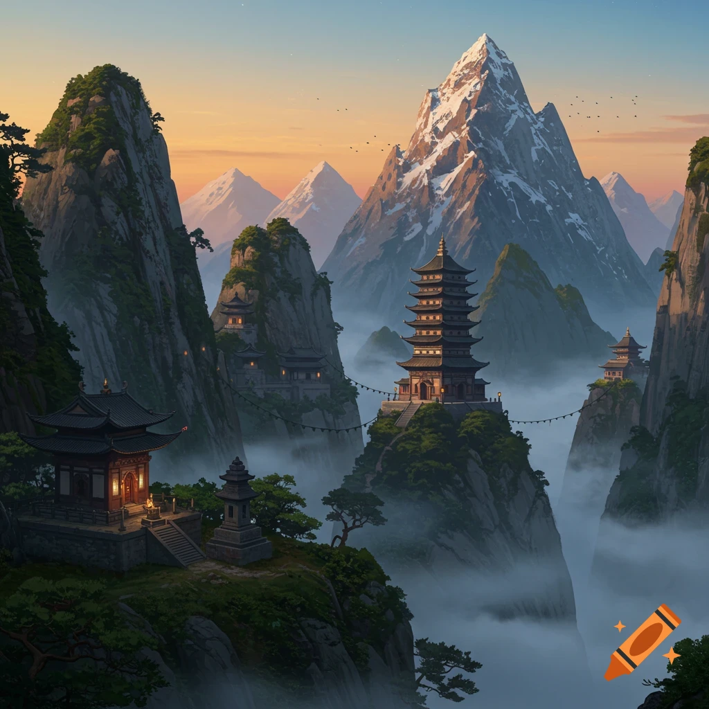 Traditional temples perched on steep, misty mountains under a warm sunset sky, with a snow-capped peak in the distance.