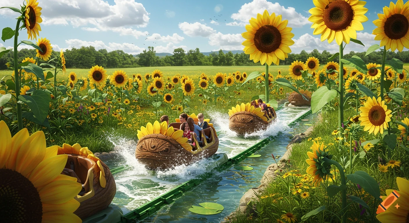 People ride sunflower-themed boats on a water log ride through a vibrant field of sunflowers under a blue sky.