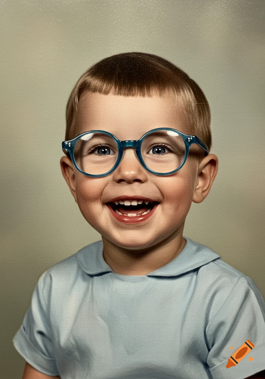 A smiling preschooler in a blue shirt and thick blue glasses in a realistic vintage oil painting.