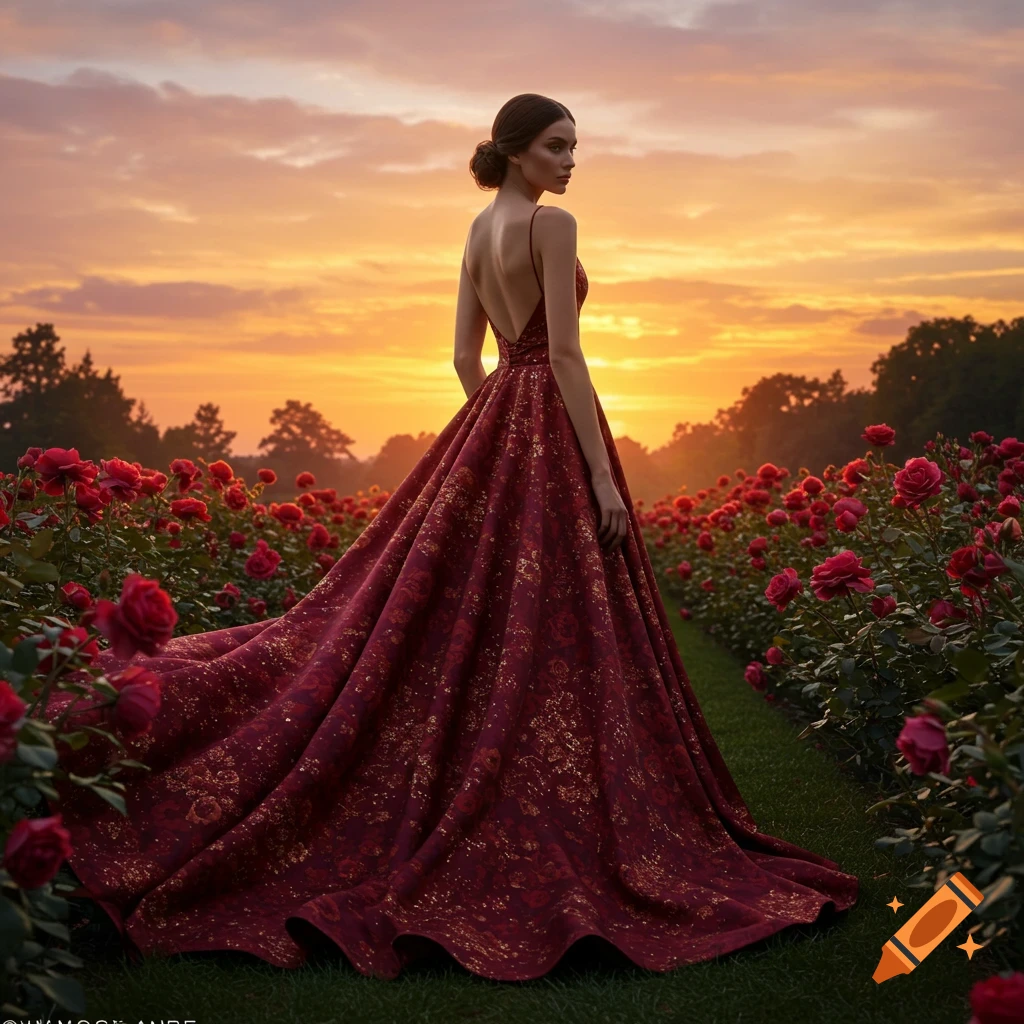 A woman in a flowing, deep red gown stands in a rose garden at sunset, looking over her shoulder.