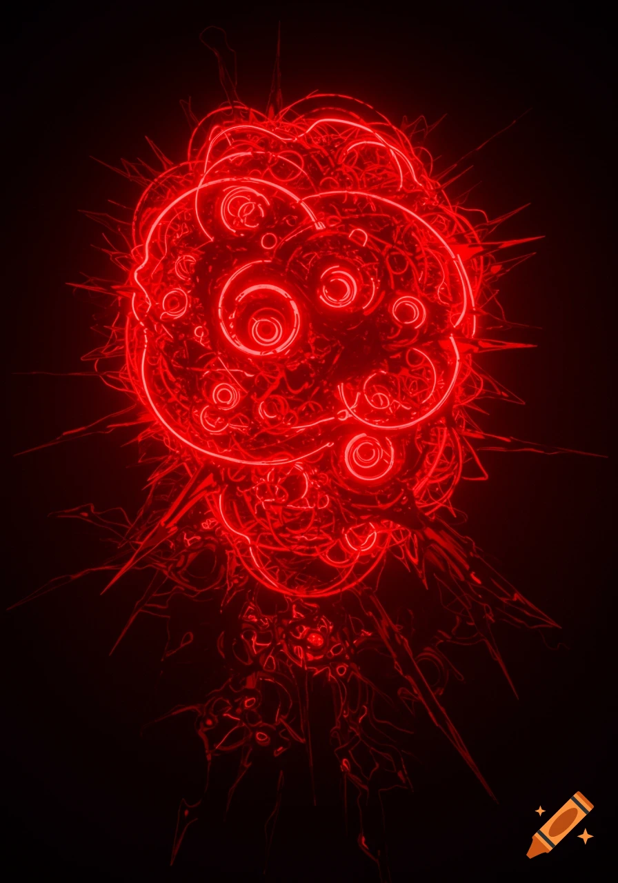A chaotic, abstract mass of glowing red neon lines, concentric rings, and jagged threads against a black background.