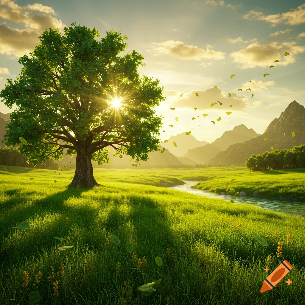 A bright, photorealistic landscape featuring a large green tree in a sunny grassy field with a river and mountains under a golden sky.