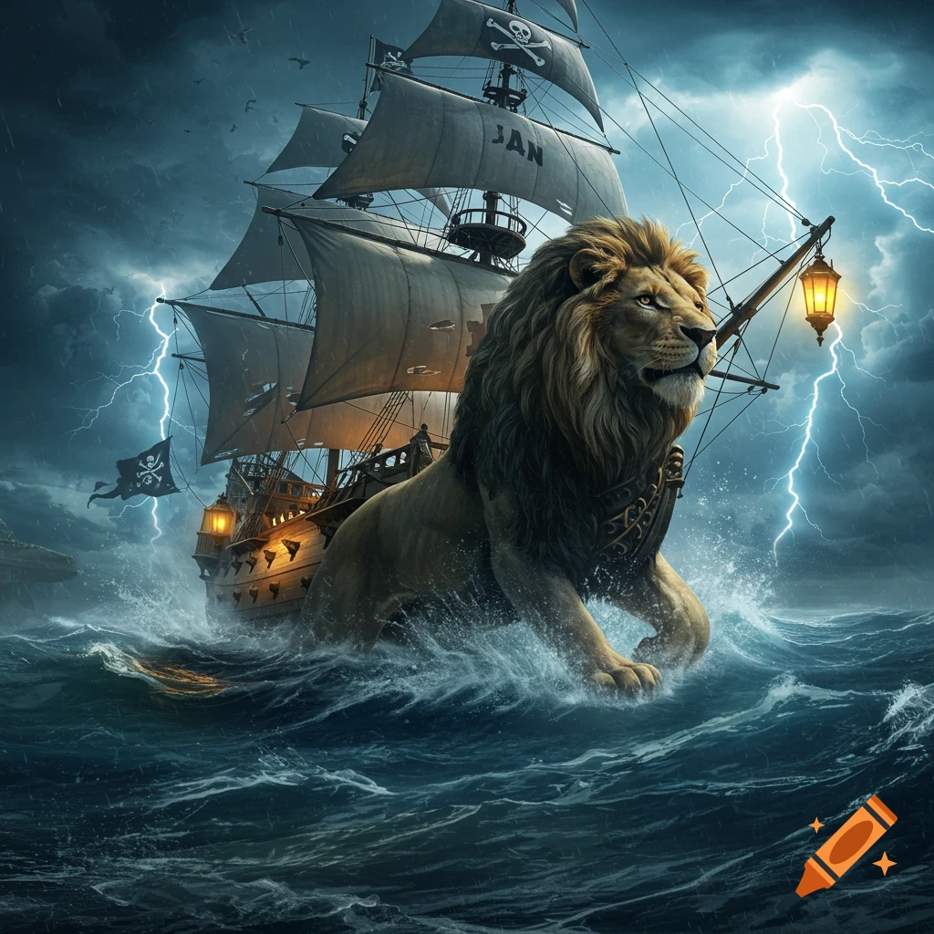 A majestic lion stands in a stormy sea with a pirate ship, lightning, and dark clouds in the background, digital art.