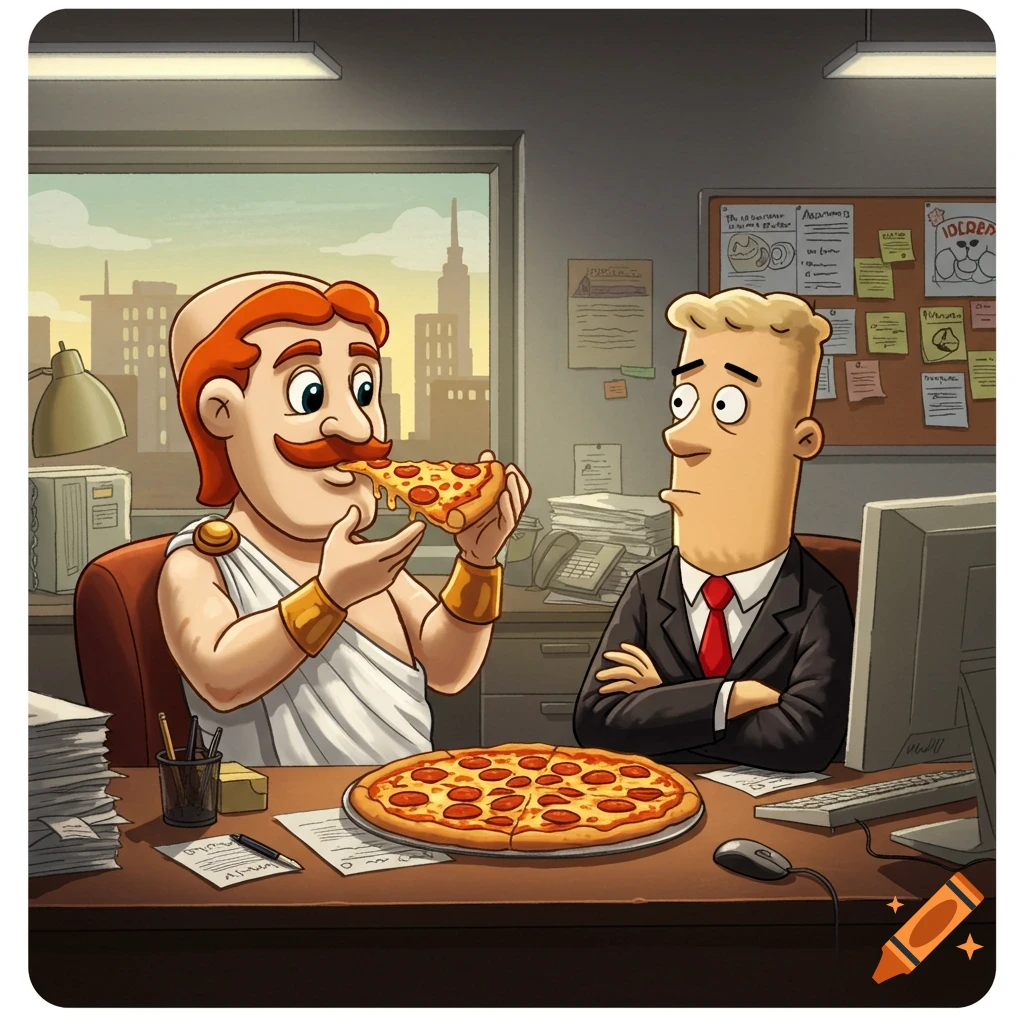 A cartoon of a toga-clad man eating pizza while a suited man resembling Dilbert looks on in an office setting.