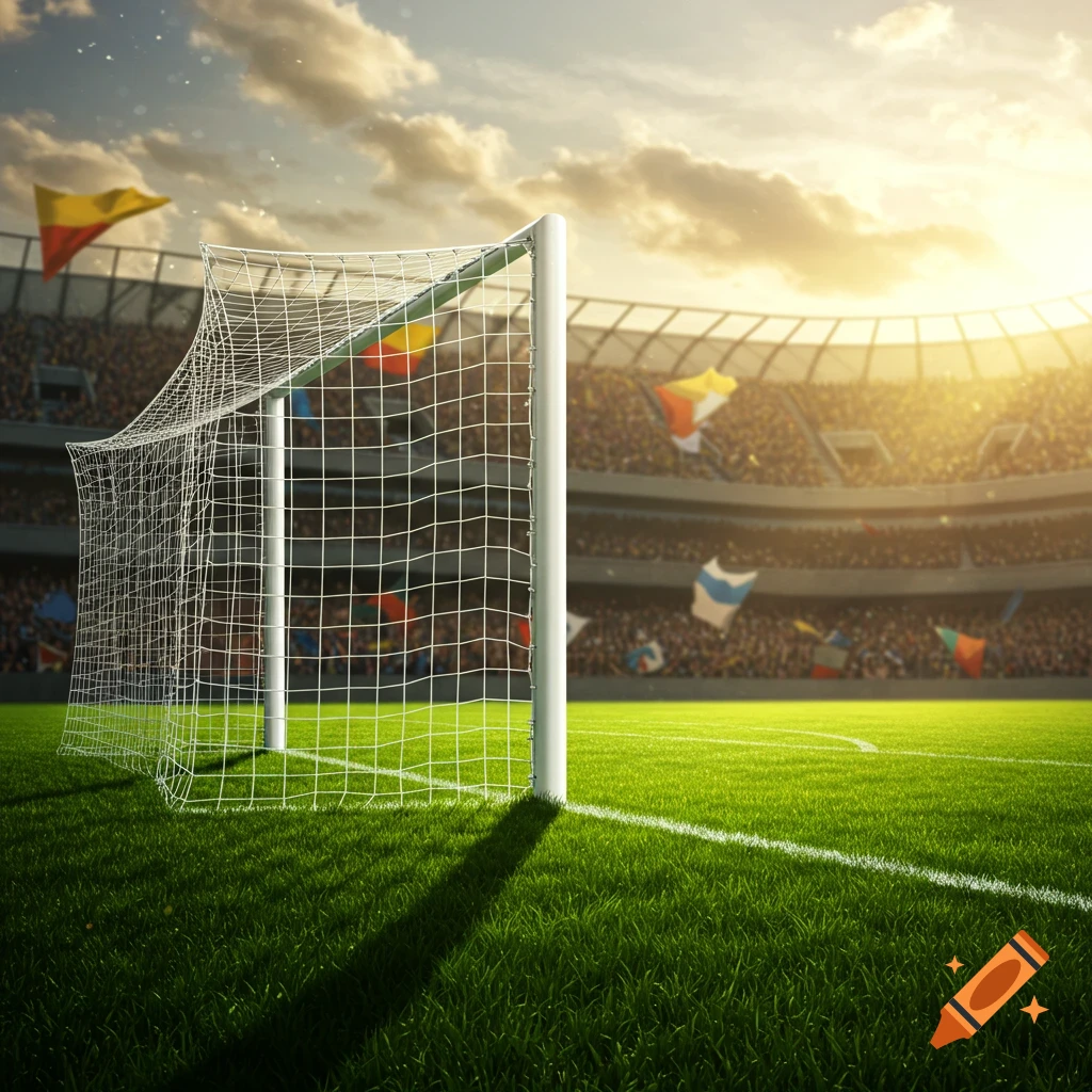 Photorealistic soccer goal on a bright green field inside a stadium under a golden sunset, with blurred spectators.