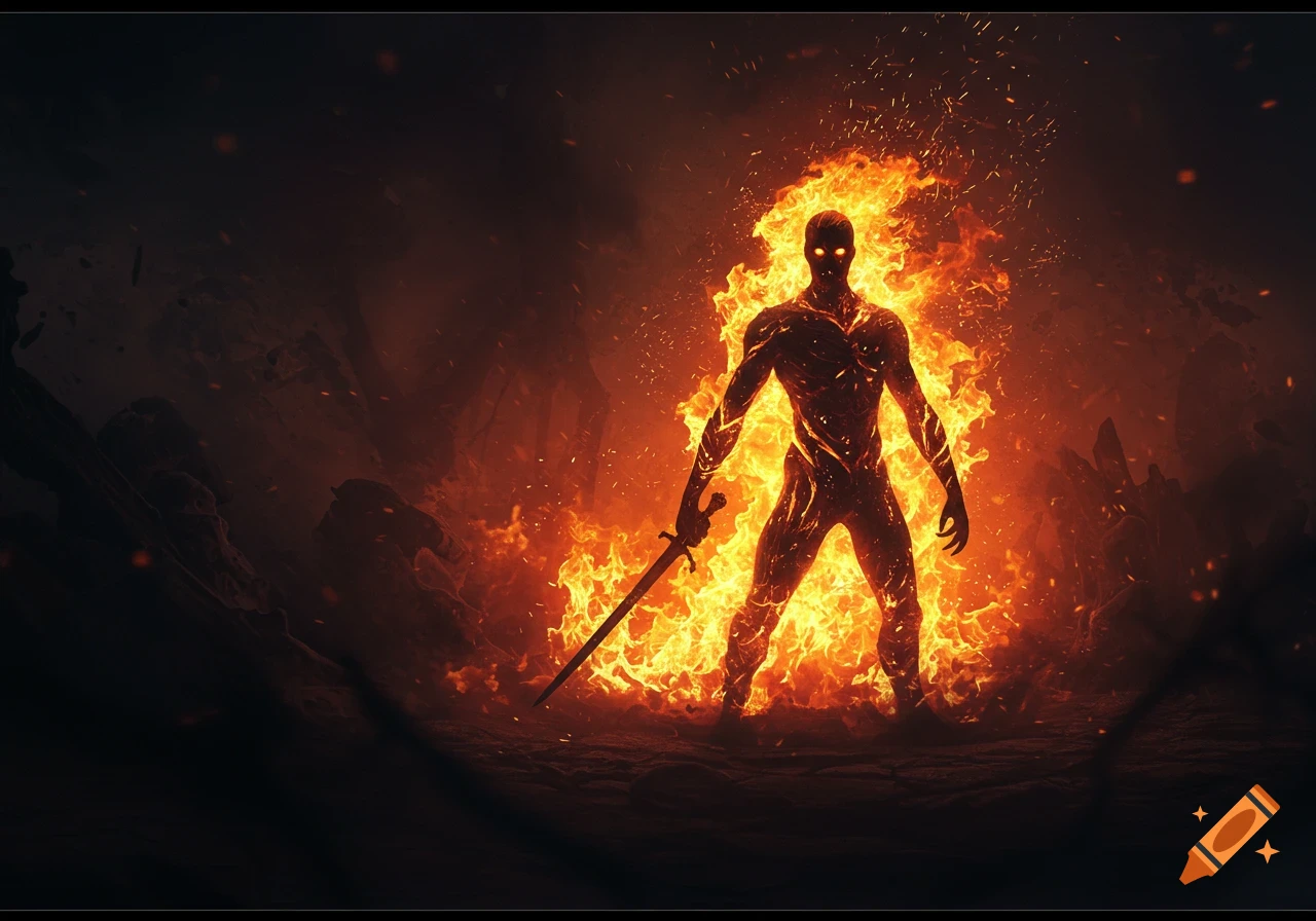 A humanoid figure, engulfed in bright orange flames, stands holding a sword in a dark, fiery landscape.