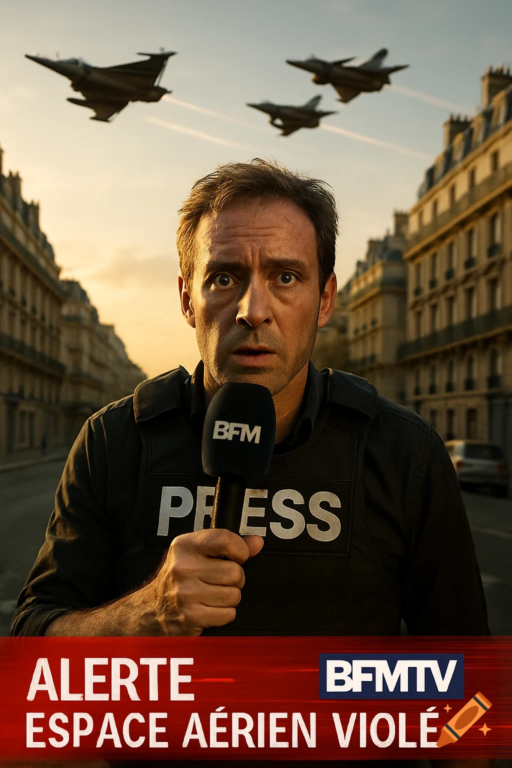 A distressed male reporter in a bulletproof vest holds a microphone in a Parisian street as three fighter jets fly overhead at sunset. A news ticker reads "ALERTE - ESPACE AÉRIEN VIOLÉ".