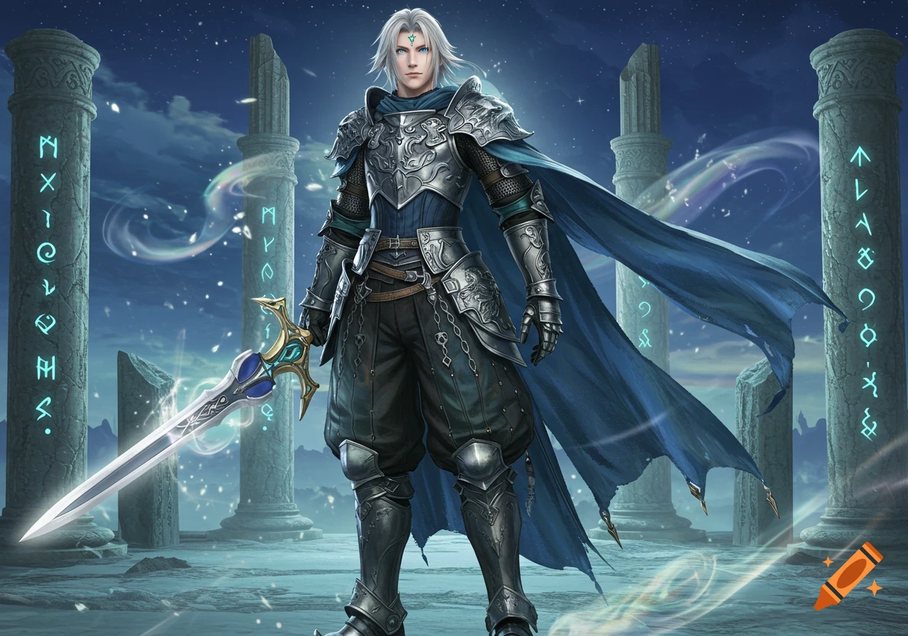 A fantasy warrior with white hair in ornate silver armor and a blue cape, holding a glowing sword amidst ancient ruins with magical runes.