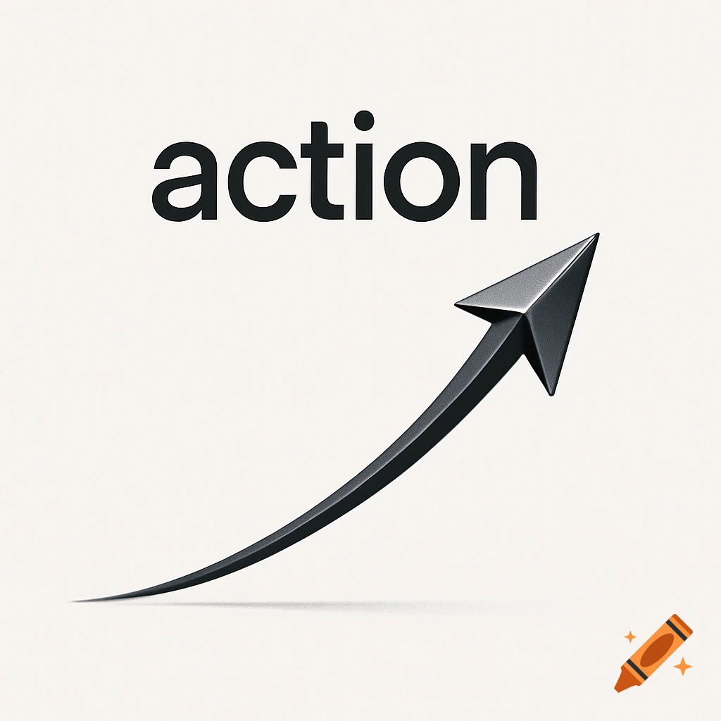 The word 'action' in black font above a sleek, dark gray upward-curving arrow on a white background.