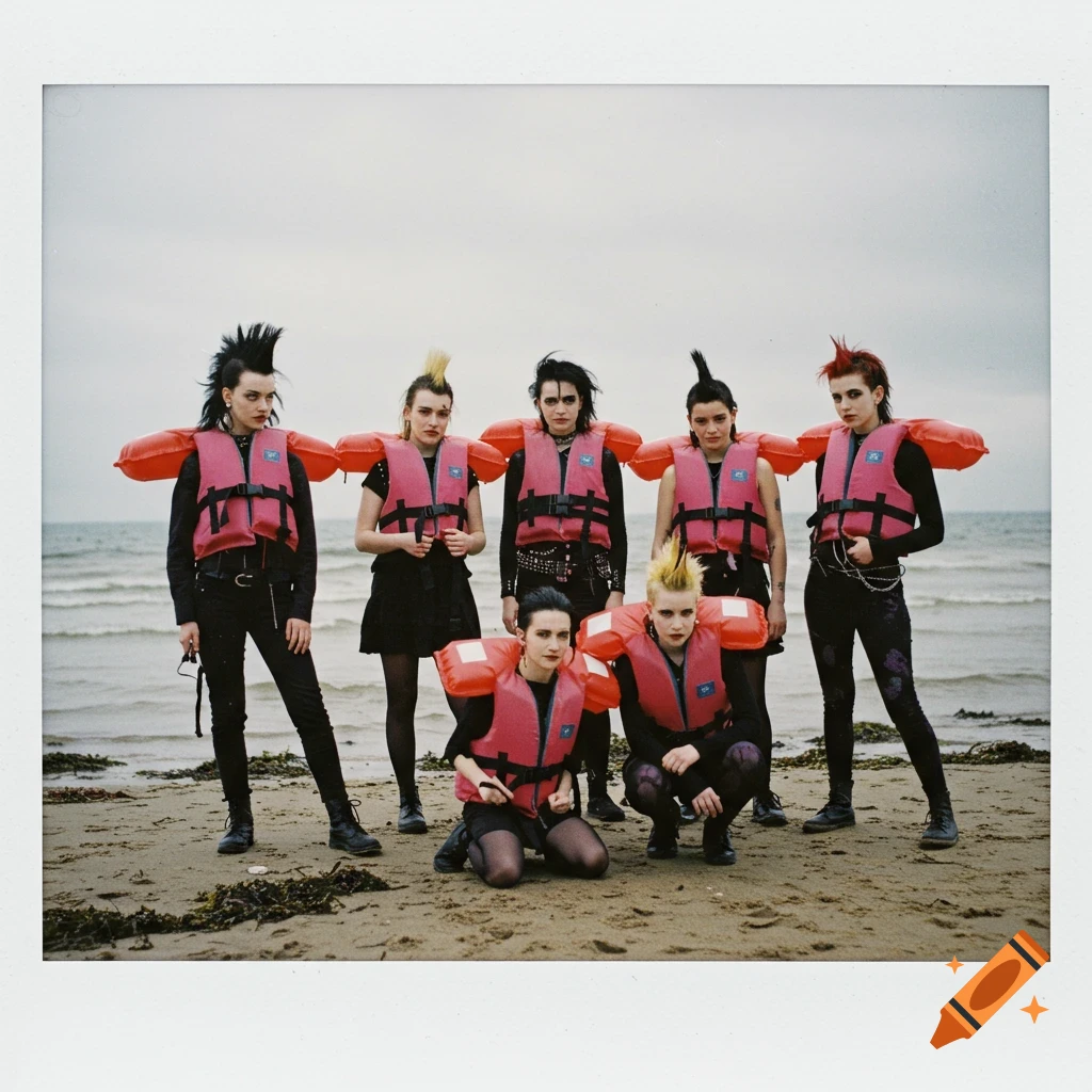 A promotional photo of a Goth punk band, with six women on a sandy beach wearing lifejackets, looking uncomfortable. Styled as a 90s polaroid.