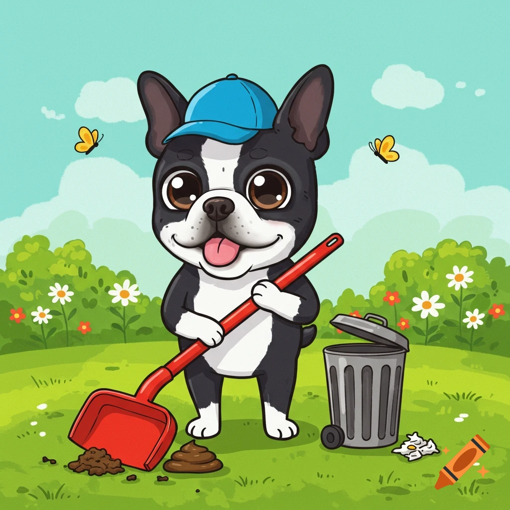 A cute cartoon Boston Terrier dog in a blue cap holds a red scoop next to dog poop and a trash can in a grassy park.