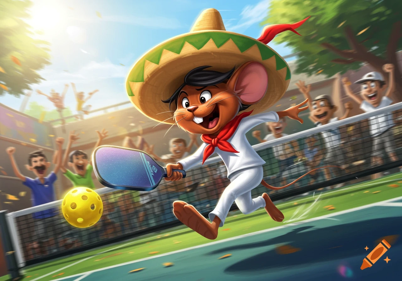 Speedy Gonzalez cartoonishly plays pickleball on a sunny court with a paddle and yellow ball, cheered by a crowd.