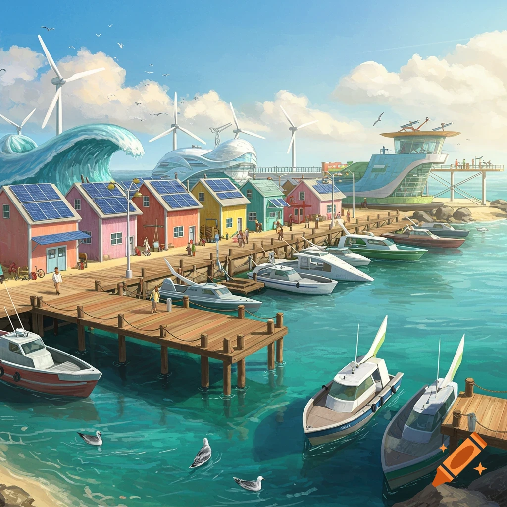 Illustration of a vibrant coastal eco-village with colorful houses, solar panels, boats, wind turbines, and a large wave.