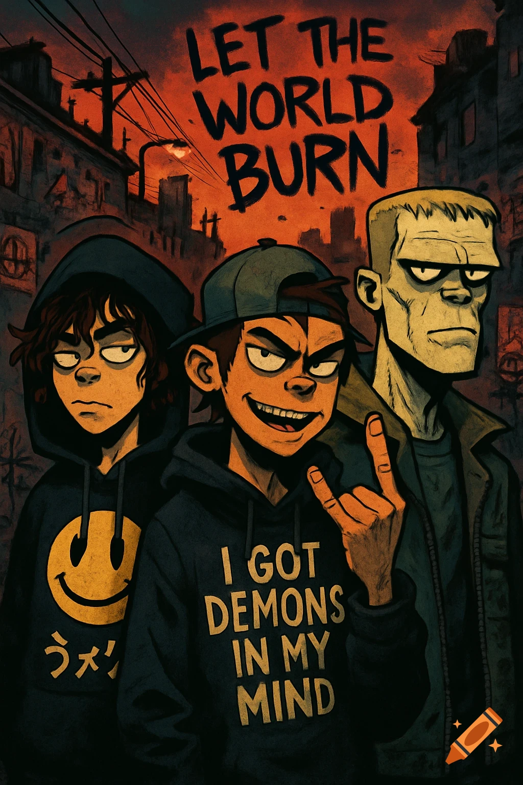Three stylized cartoon men, one resembling Frankenstein's monster, in a dark urban setting. Text reads 'LET THE WORLD BURN'.