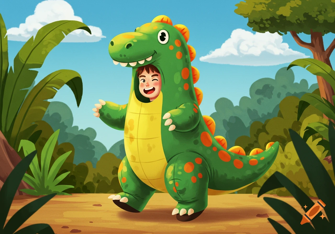 A cartoon illustration of a happy child winking inside a green dinosaur costume in a jungle.