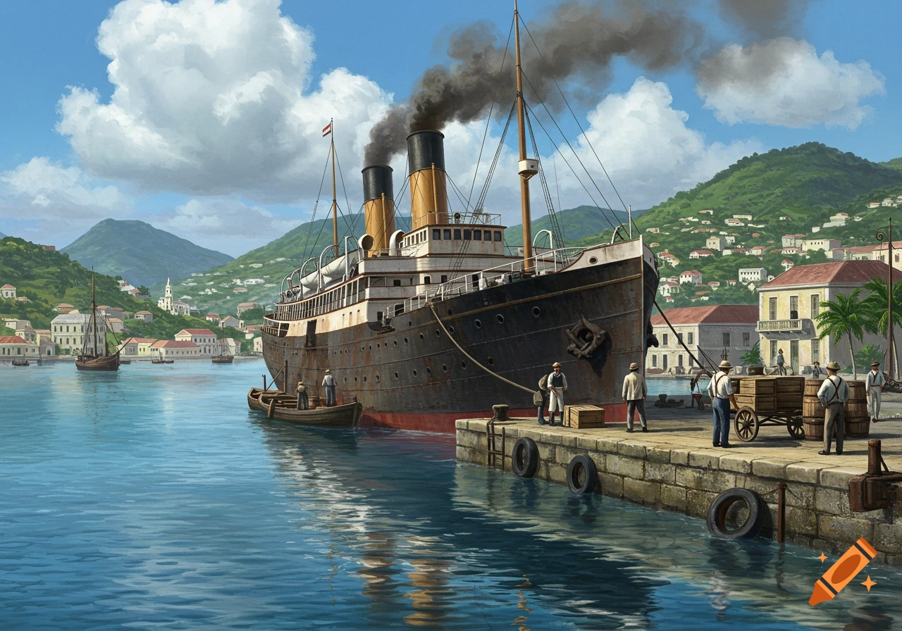 A detailed painting of a large black steamship docked at a busy port town with green mountains in the background.