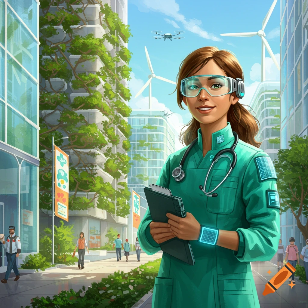 A friendly solarpunk doctor in green scrubs and tech goggles stands in a bright, green, futuristic city with drones.