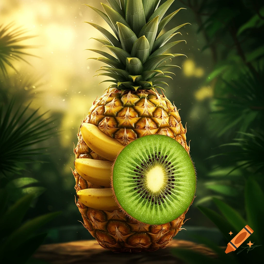 A photorealistic image of a pineapple with three bananas attached to its side and a sliced kiwi in front, set in a lush tropical jungle with dappled sunlight.
