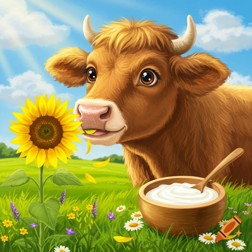 Cartoon cow eating a sunflower in a green field with a bowl of yogurt and a spoon.