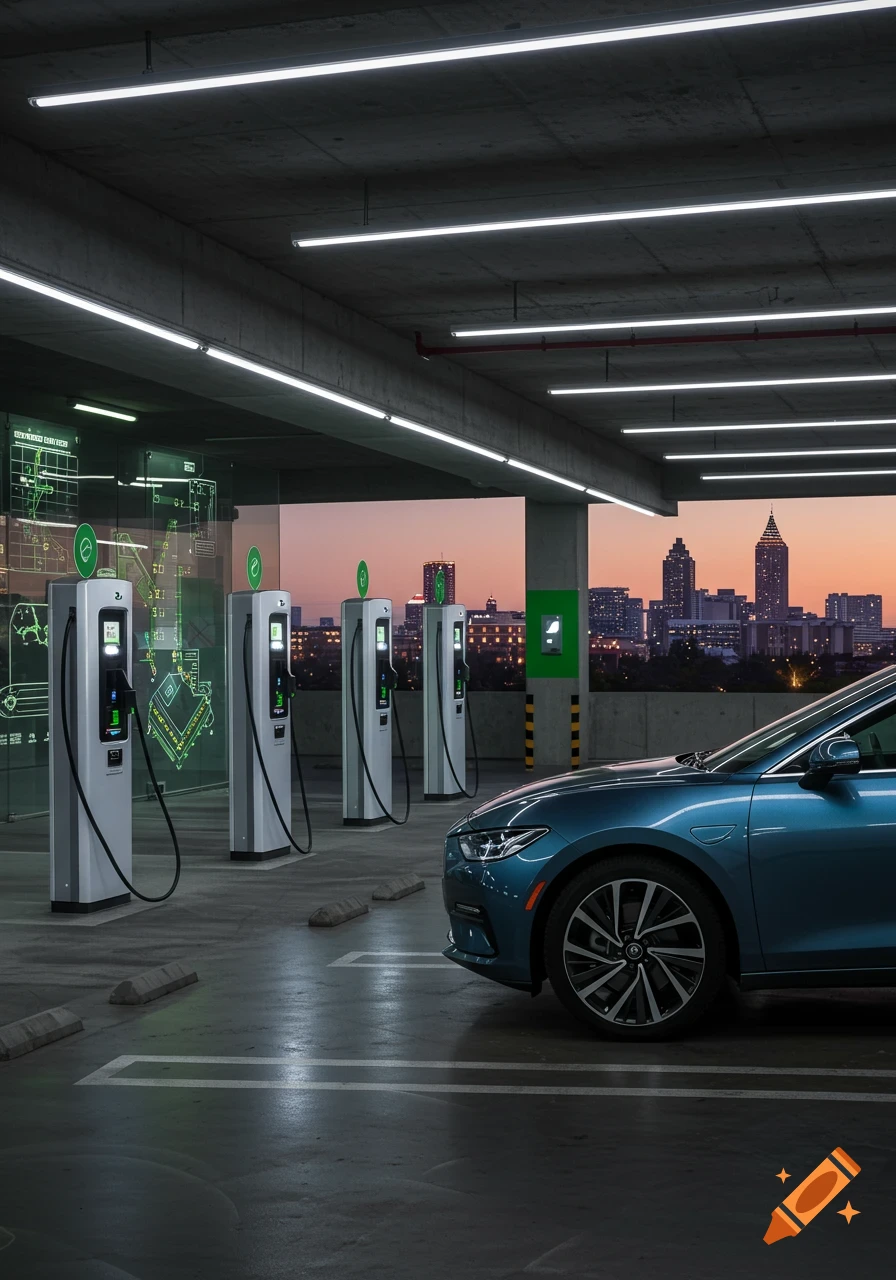 A teal electric car parked in a modern underground parking garage with multiple EV charging stations, overlooking a city skyline at dusk.