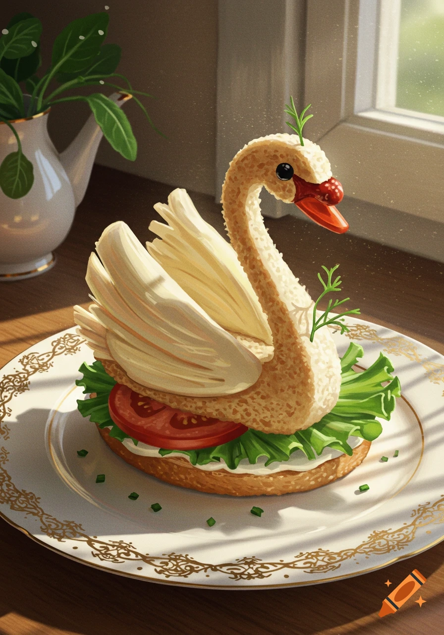 A whimsical swan-shaped sandwich made of bread with lettuce, tomato, and cream, served on a decorative plate next to a sunlit window.