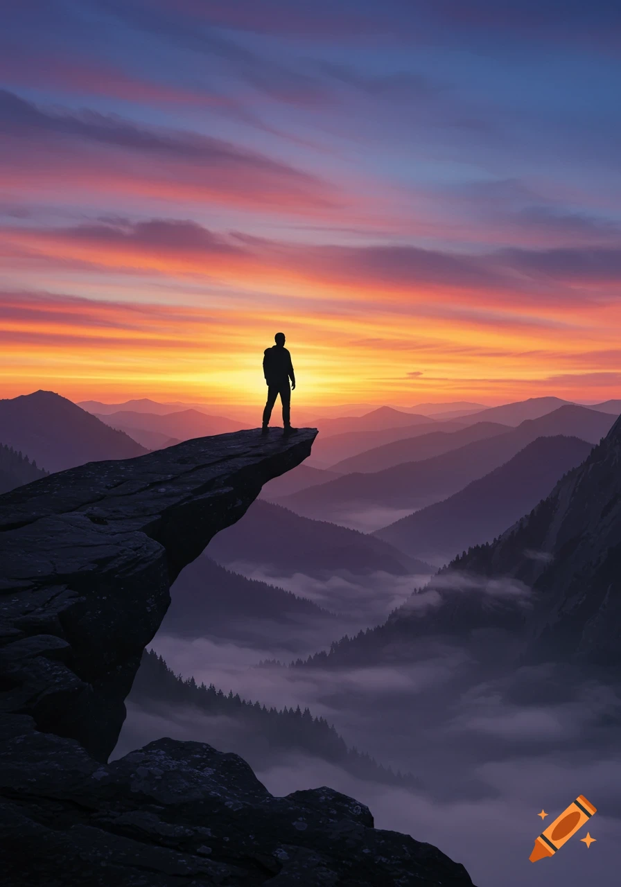 Silhouette of a man standing on a mountain cliff, gazing at a vibrant sunset over a misty mountain range.