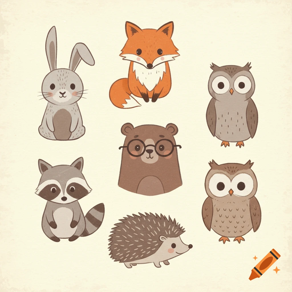 Seven cute, retro-style cartoon forest animals: a rabbit, fox, two owls, raccoon, bear with glasses, and hedgehog.