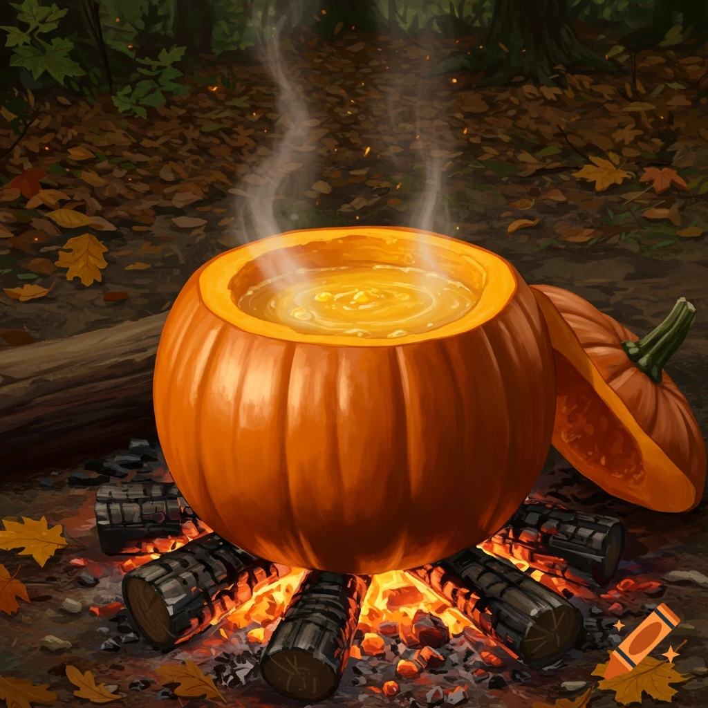 A steaming pumpkin filled with boiling soup sits on a campfire in a lush autumn forest.