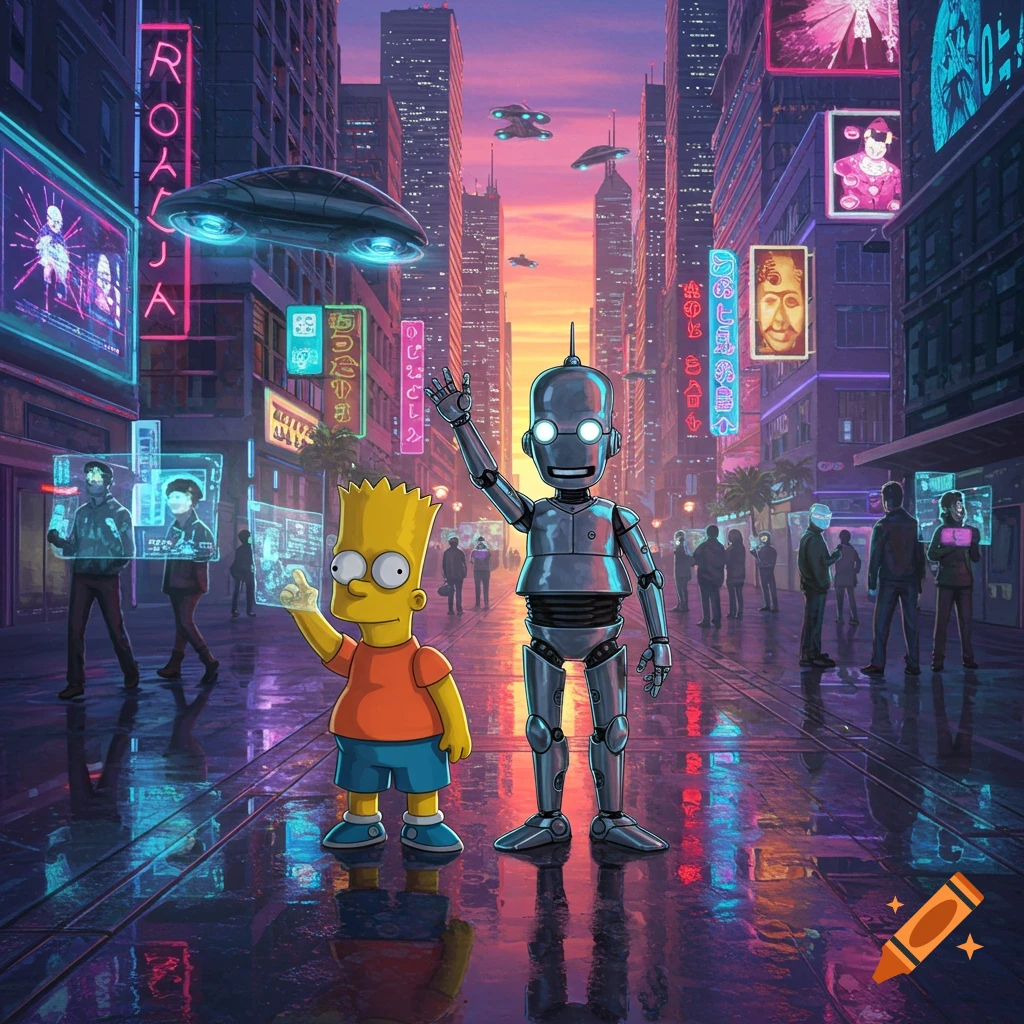 Bart Simpson and a robot wave in a neon-lit futuristic city street with flying vehicles and holographic displays.