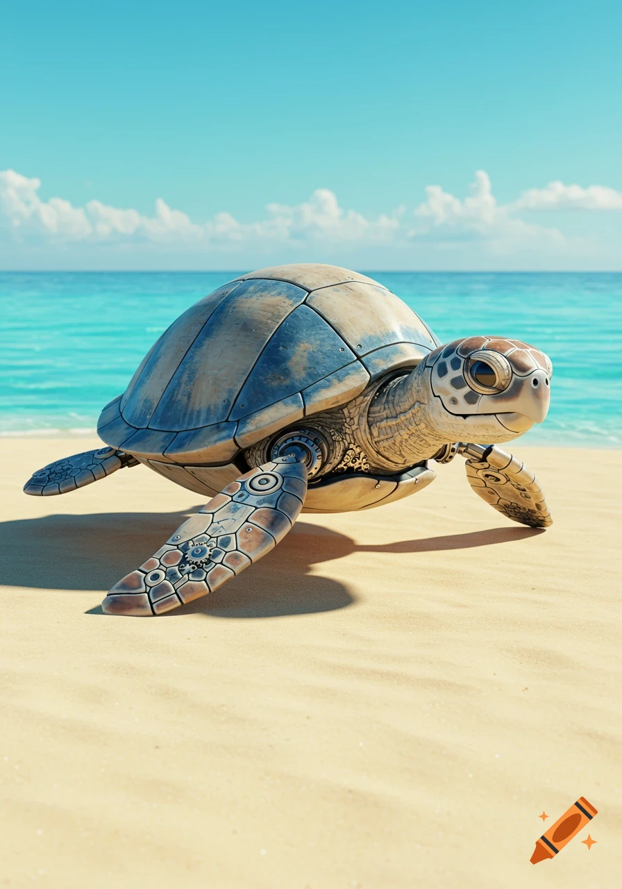 A robotic sea turtle with a metallic segmented shell and mechanical flippers crawls on a sandy beach towards the blue ocean under a clear sky.