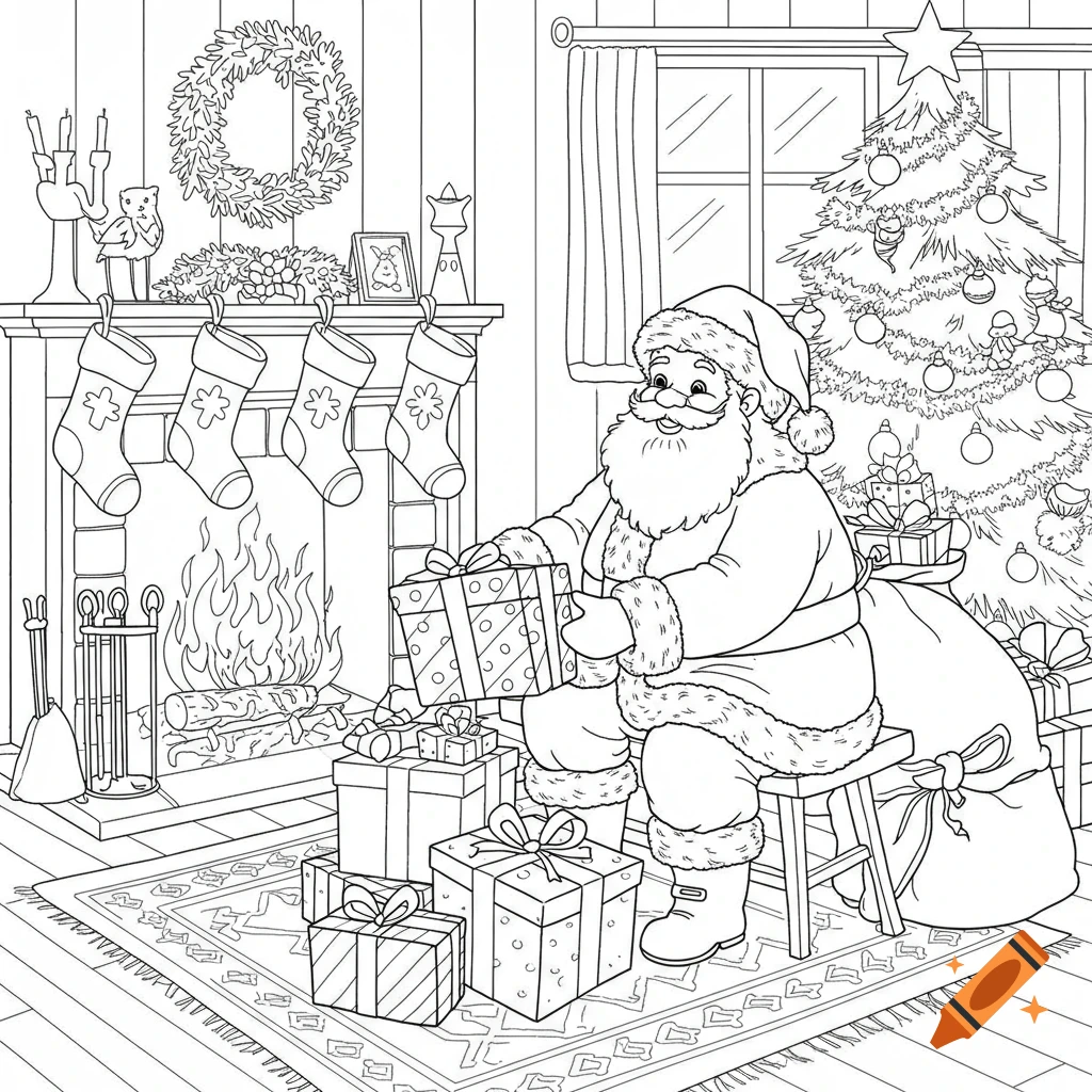 Black and white coloring page of Santa Claus sitting by a fireplace and Christmas tree, holding a gift, surrounded by more presents.