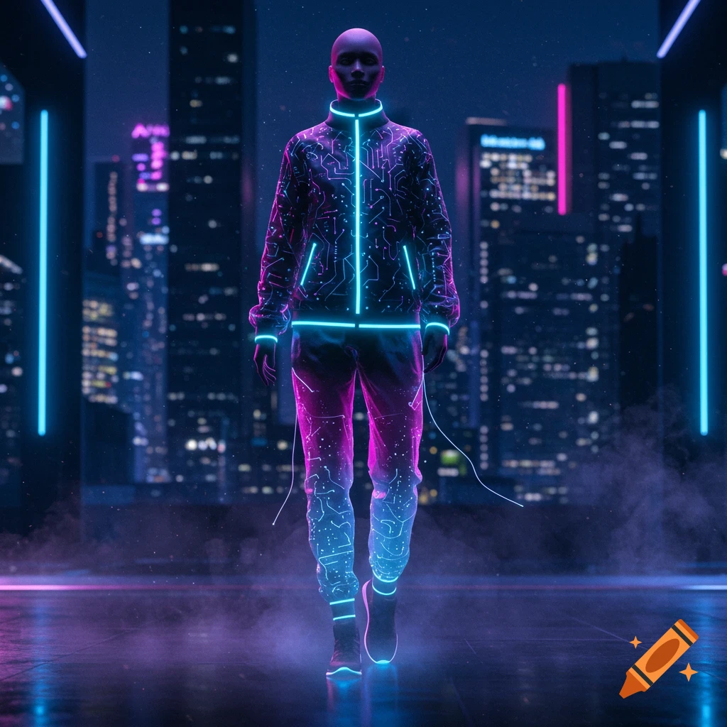 A person in neon blue and pink circuit-patterned futuristic clothing walks in a dark, cyberpunk city at night.