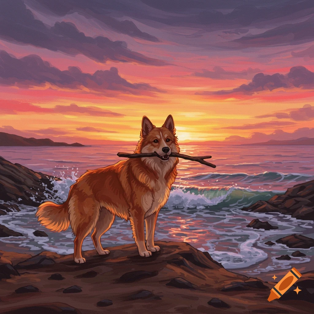 A digital illustration of a reddish-brown dog standing on rocks by the ocean, holding a stick in its mouth, at sunset.