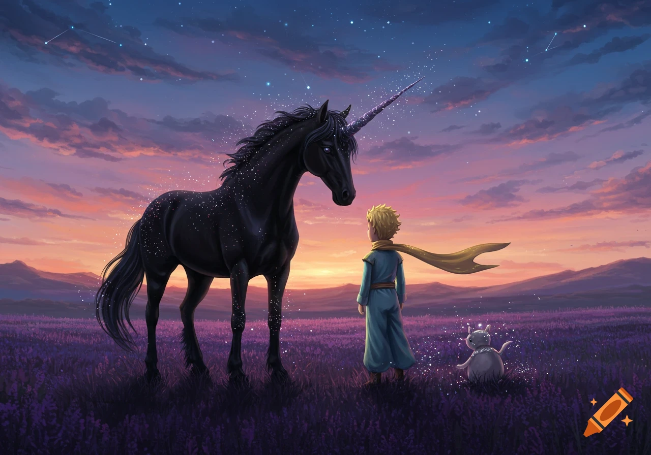 The Little Prince stands before a black unicorn and a small creature in a magical lavender field at sunset under a starry sky.