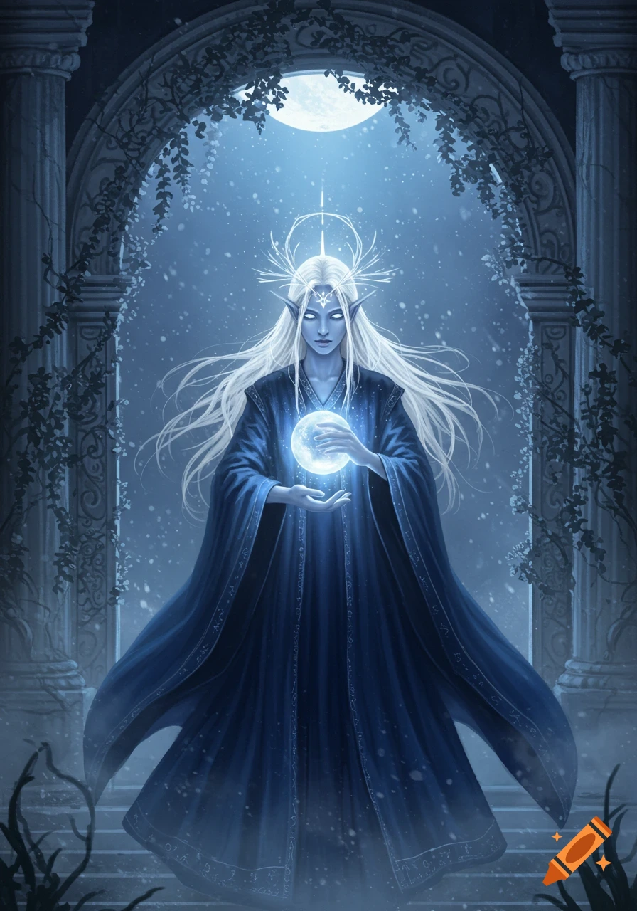 An ethereal white-haired elf-like figure in a blue robe holding a glowing orb under a moonlit archway, fantasy art.