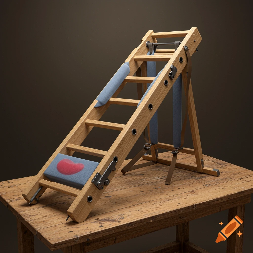 A custom-built wooden ladder-like structure with blue padding and brown straps rests on a rustic wooden table. A red, kidney-bean shape is on one blue pad.
