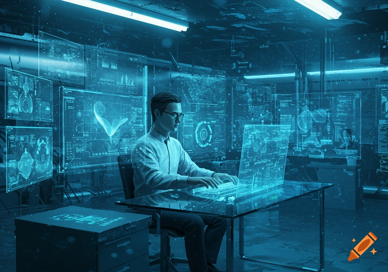 A man in glasses types on a holographic keyboard amidst glowing blue data screens in a dark, futuristic tech lab.