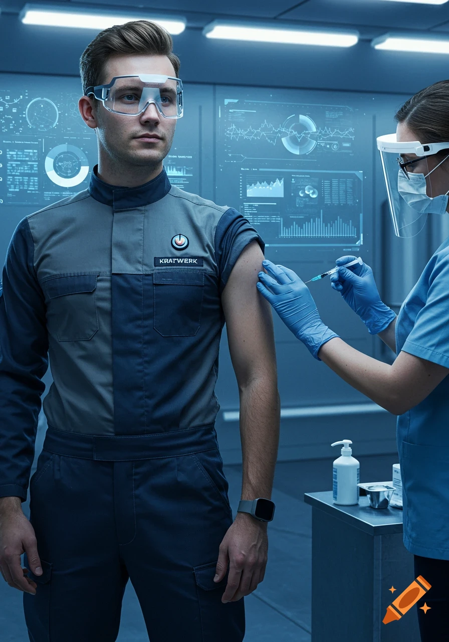 Man in futuristic uniform and goggles gets an injection from a gloved healthcare worker in a sci-fi lab.