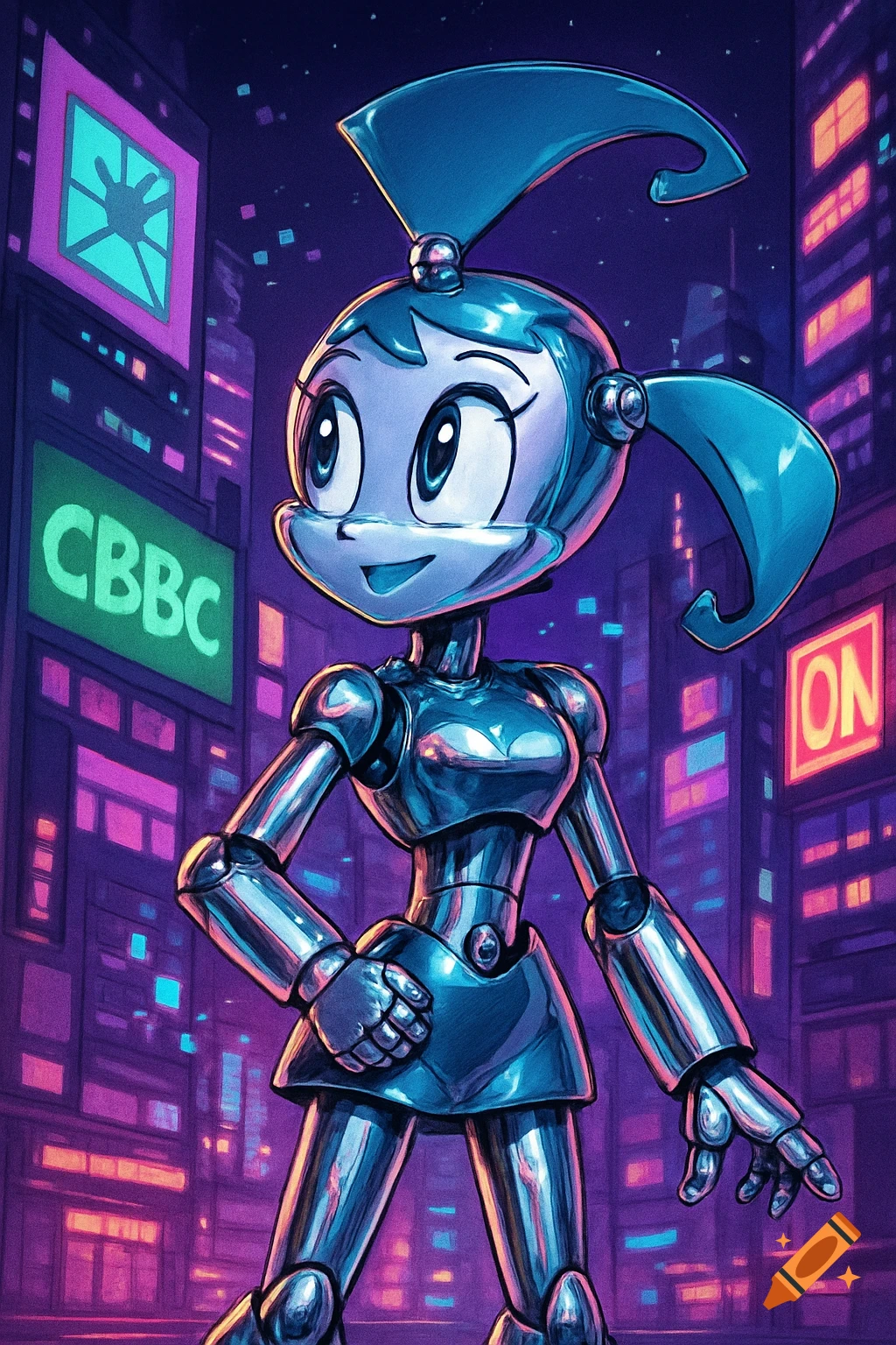 Metallic blue robot girl Jenny Wakeman stands confidently in a neon-lit futuristic city at night in a vibrant comic style.