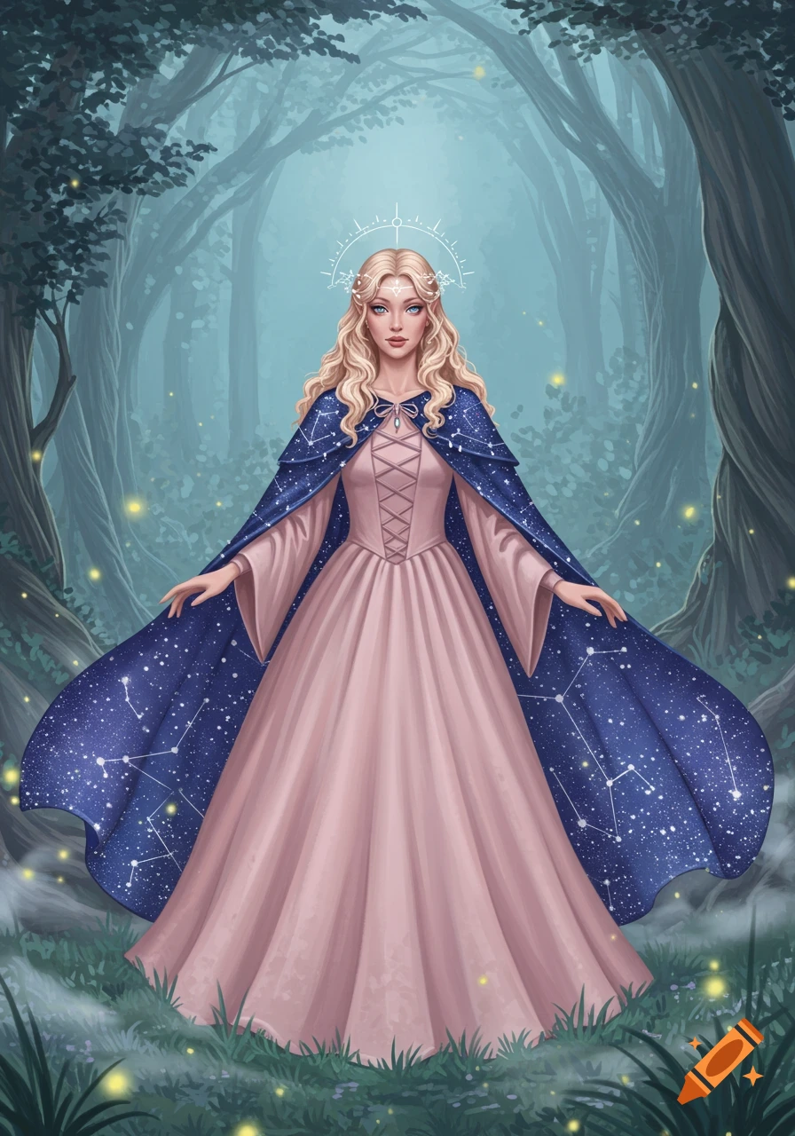 A blonde female enchantress in a pink medieval dress and a starry blue celestial cape stands in a mystical forest with glowing lights.