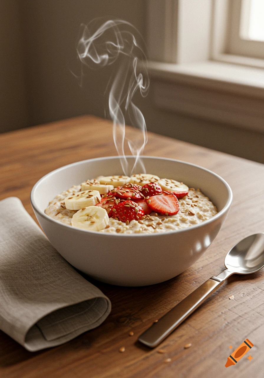 A steaming bowl of oatmeal topped with sliced bananas, strawberries, and flax seeds on a wooden table with a spoon and napkin. Photorealistic.