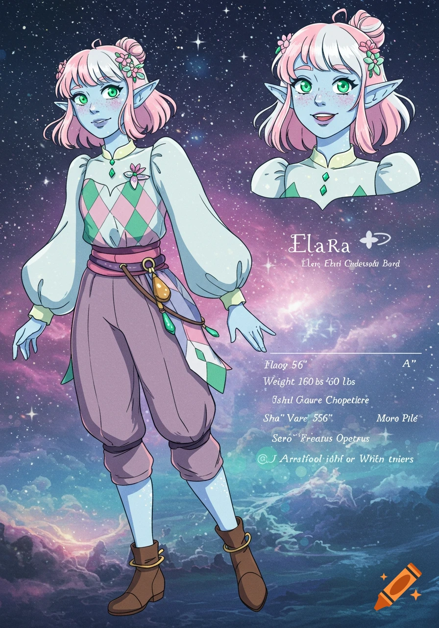 Full body Studio Ghibli style illustration of Elara Cindersong, an Astral High Elf Bard with blue skin and pink hair, wearing a pastel diamond-patterned tunic and trousers, against a cosmic background.