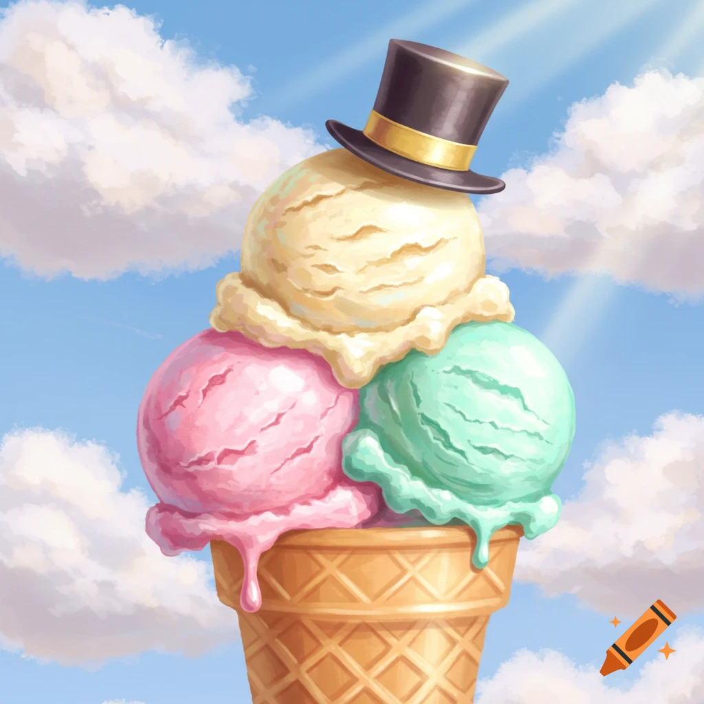 A triple scoop ice cream cone (vanilla, pink, mint) topped with a black top hat, against a sunny blue sky with clouds. Illustration.