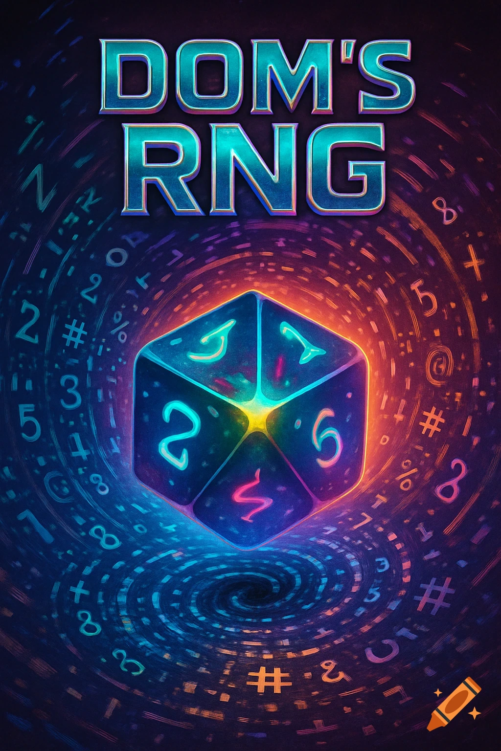 A vibrant game cover for 'DOM'S RNG' featuring a glowing, stylized die amidst swirling neon numbers and symbols on a dark background.