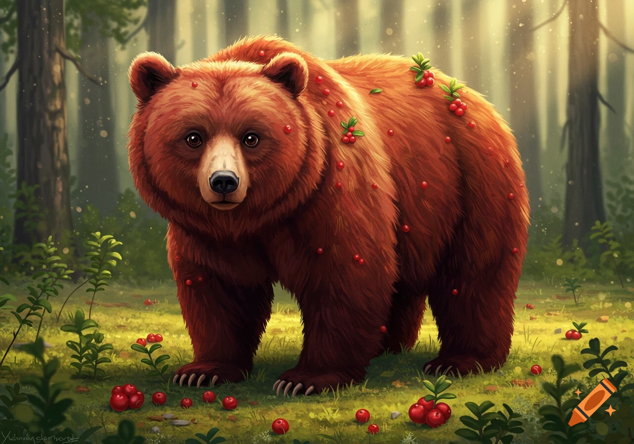 A fluffy brown bear covered in red lingonberries stands in a lush, sun-dappled green forest, in a whimsical illustration style.