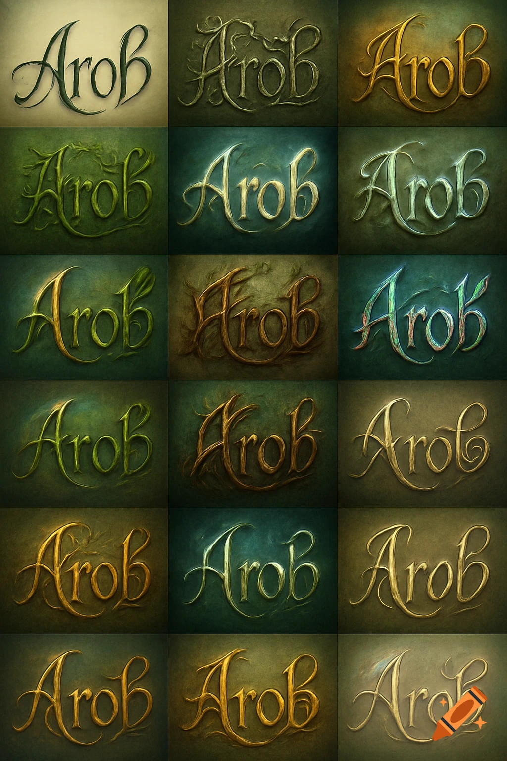 A 5x5 grid of artistic calligraphic illustrations of the word "AroB" in various elven organic styles, including vine, gold, silver, and glowing effects.