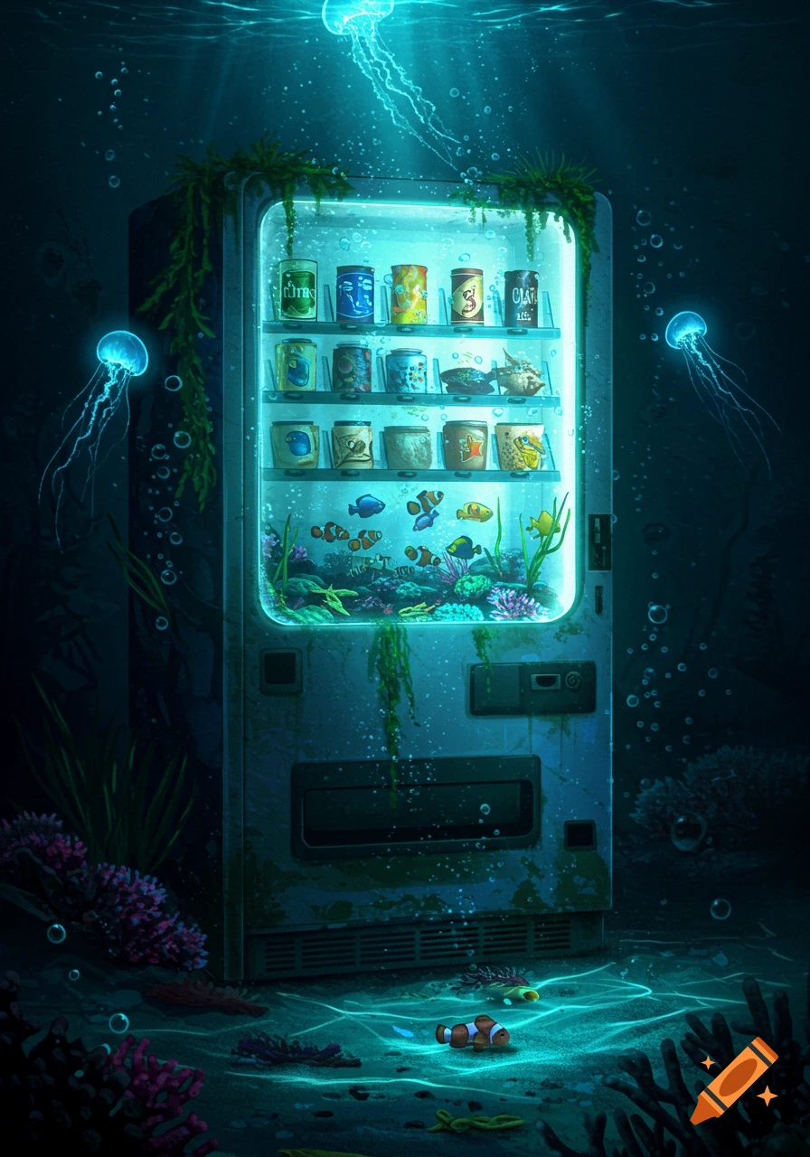An old, glowing vending machine sits on the deep ocean floor, surrounded by coral, fish, and luminous jellyfish, in a fantastical style.