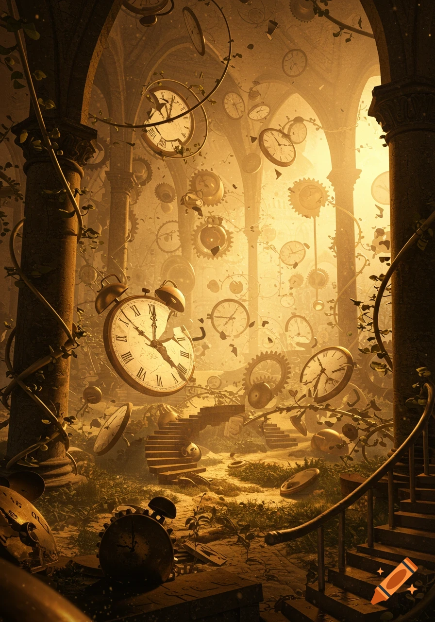 Surreal fantasy image of clocks, gears, and vines floating within a crumbling ancient ruin bathed in golden light.