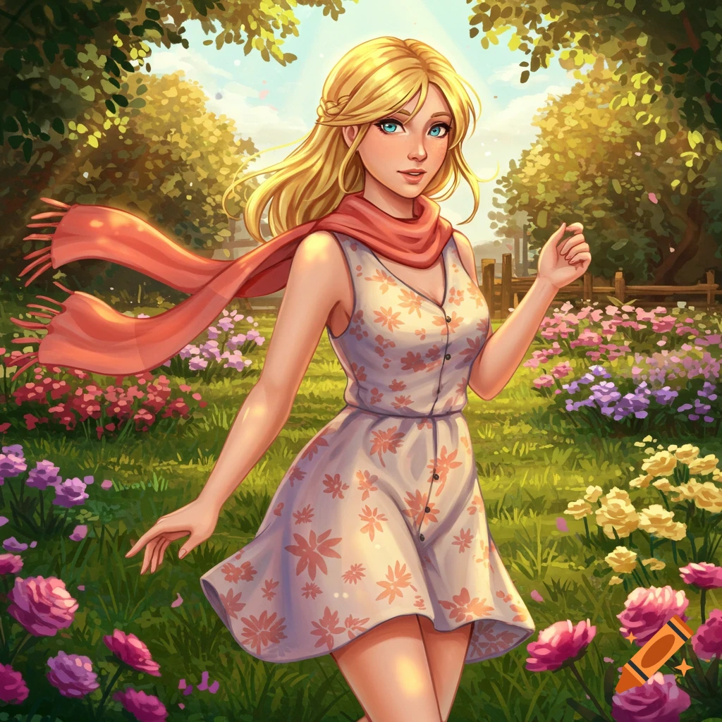 Anime illustration of a blonde woman in a floral dress and red scarf walking through a sunny field of colorful flowers.