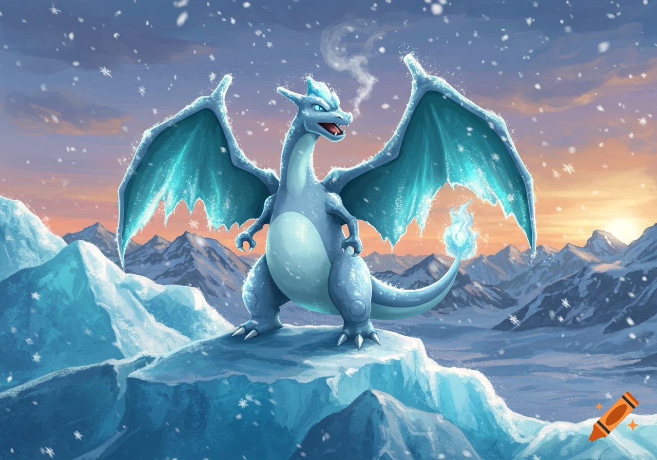 An ice-type Charizard stands on a jagged ice peak in a snowy mountain landscape with a sunset sky.